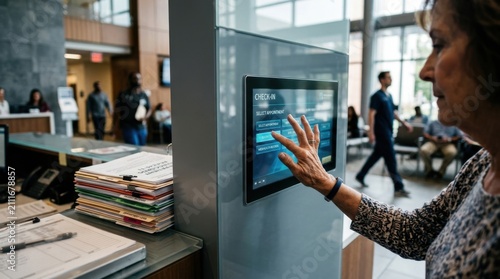 Senior Woman Interacting With Modern Check-in Kiosk Technology Smoothly