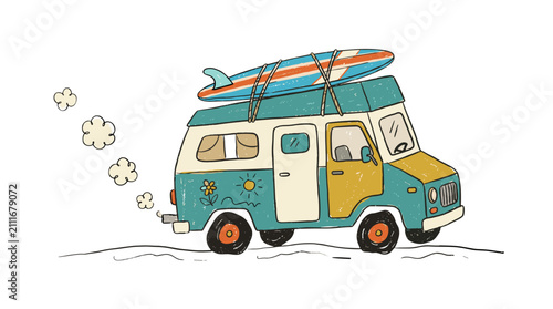 Cartoon illustration of a vintage camper van with surfboard on roof traveling on road