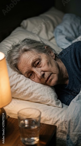 Senior Woman Uncomfortably Lying Awake In Bed At Night With Lamp Light