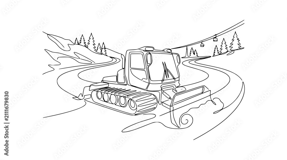 Fototapeta premium Snow groomer tractor on ski slope, continuous line art, winter mountain landscape, ski lift.