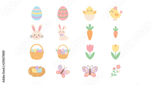 Set of cute pastel easter eggs, bunny, chick, flower, and butterfly illustrations for spring holiday