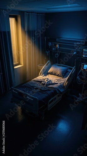 Serene Hospital Room At Night With A Single Light Beam From Window