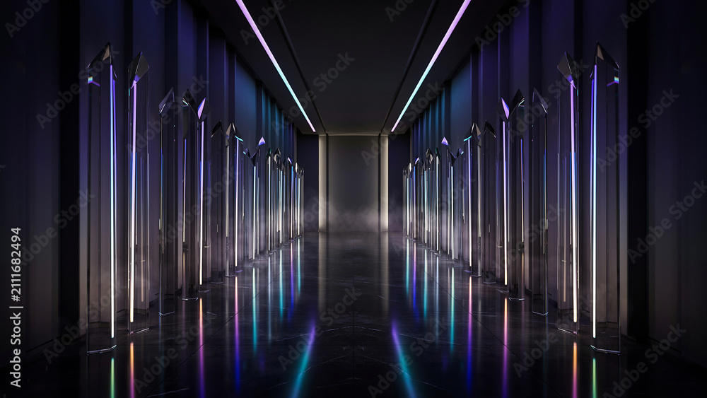 Obraz premium 3d illustration of 4k uhd sci fi tunnel with bright lights | Premium Photo