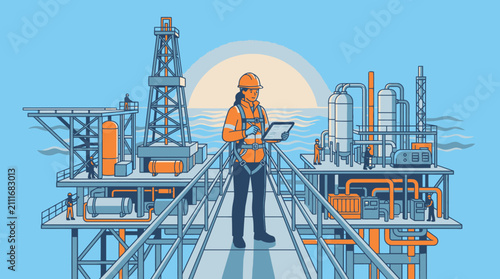 Female engineer on offshore oil rig using tablet, industrial technology, energy production, and maritime industry concept