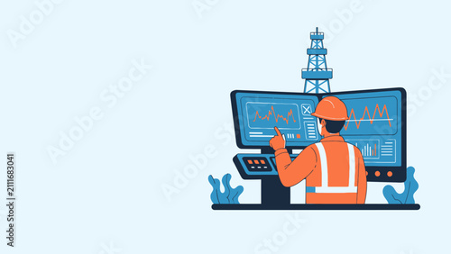 Oil rig worker in hard hat and vest monitors data on dual computer screens at control panel