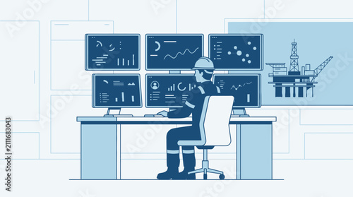 Oil rig worker monitoring offshore platform data on multiple computer screens in control room