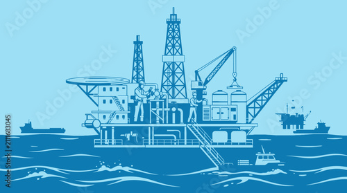Offshore oil rig platform illustration in blue tones, depicting a large drilling structure extracting fossil fuels from the deep ocean with support vessels. Industrial energy.