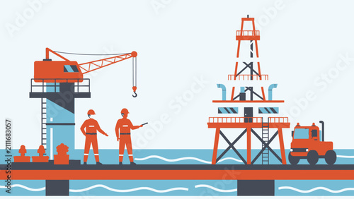 Offshore oil and gas drilling platform with industrial workers, crane, and truck. Illustration depicting energy exploration and production in the marine environment.
