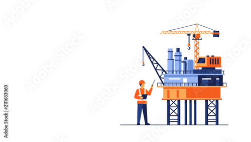 Offshore oil rig platform with engineer operating controls, symbolizing oil and gas exploration, energy production, and industrial technology and engineering.