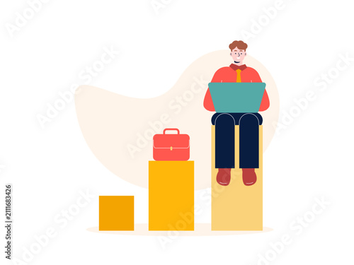 A businessman sitting on a rising growth chart column while using a laptop. Business achiement illustrations. Flat vector concepts.