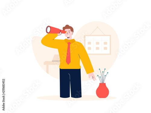 A businessman looking through a red spyglass, symbolizing corporate vision and strategic planning. Business achiement illustrations. Flat vector concepts.