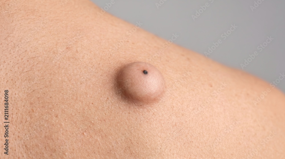 Naklejka premium Close up of epidermoid cyst bump on human skin