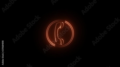 Glowing orange neon telephone icon inside a circle symbol isolated on a dark black background representing communication and customer support service