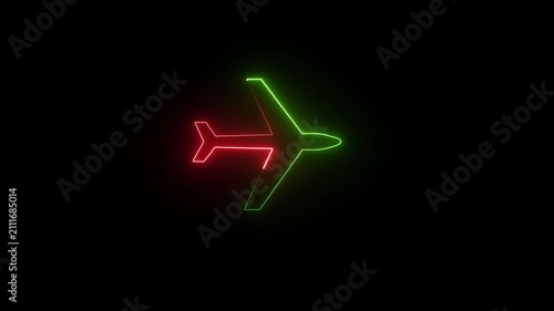 Glowing neon airplane icon with a vibrant green and red gradient line art design on a dark black background representing travel and aviation technology