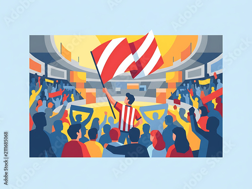 Enthusiastic crowd cheering in a stadium, a fan proudly waves a striped flag, capturing the vibrant energy and collective spirit of a major sporting event