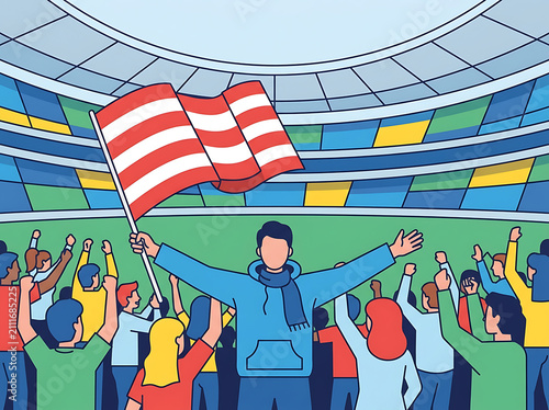 Enthusiastic crowd of sports fans celebrating victory in a large stadium with a supporter holding a waving red and white striped flag
