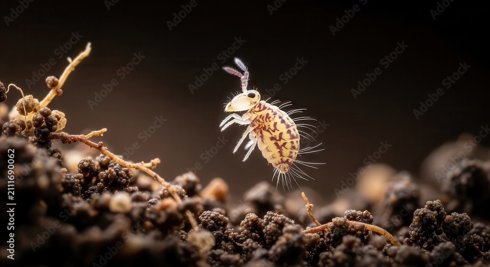 Fototapeta premium Tiny Springtail Insect Mid-Jump Over Textured Soil