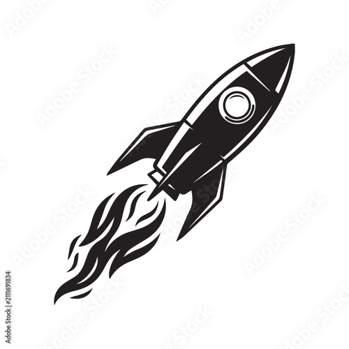 Minimalist black and white rocket launch vector illustration, retro spaceship with fire trail startup symbol
