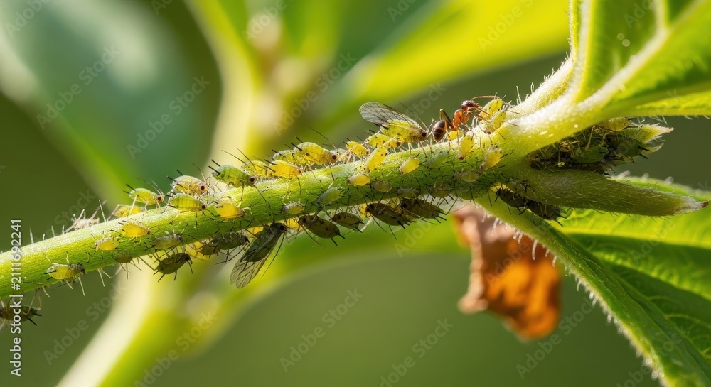 Fototapeta premium Cluster of Aphids Infesting a Young Plant Stem