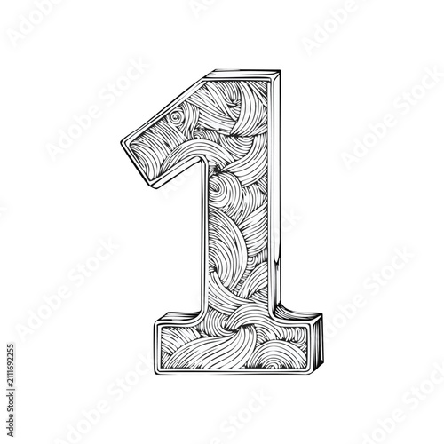 Detailed zentangle style number 1 vector illustration for coloring book on white background