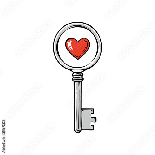Vintage key with red heart vector illustration isolated on white background, romantic love concept