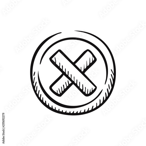 Hand drawn cross mark inside circle button icon isolated on white background, sketch style cancel vector