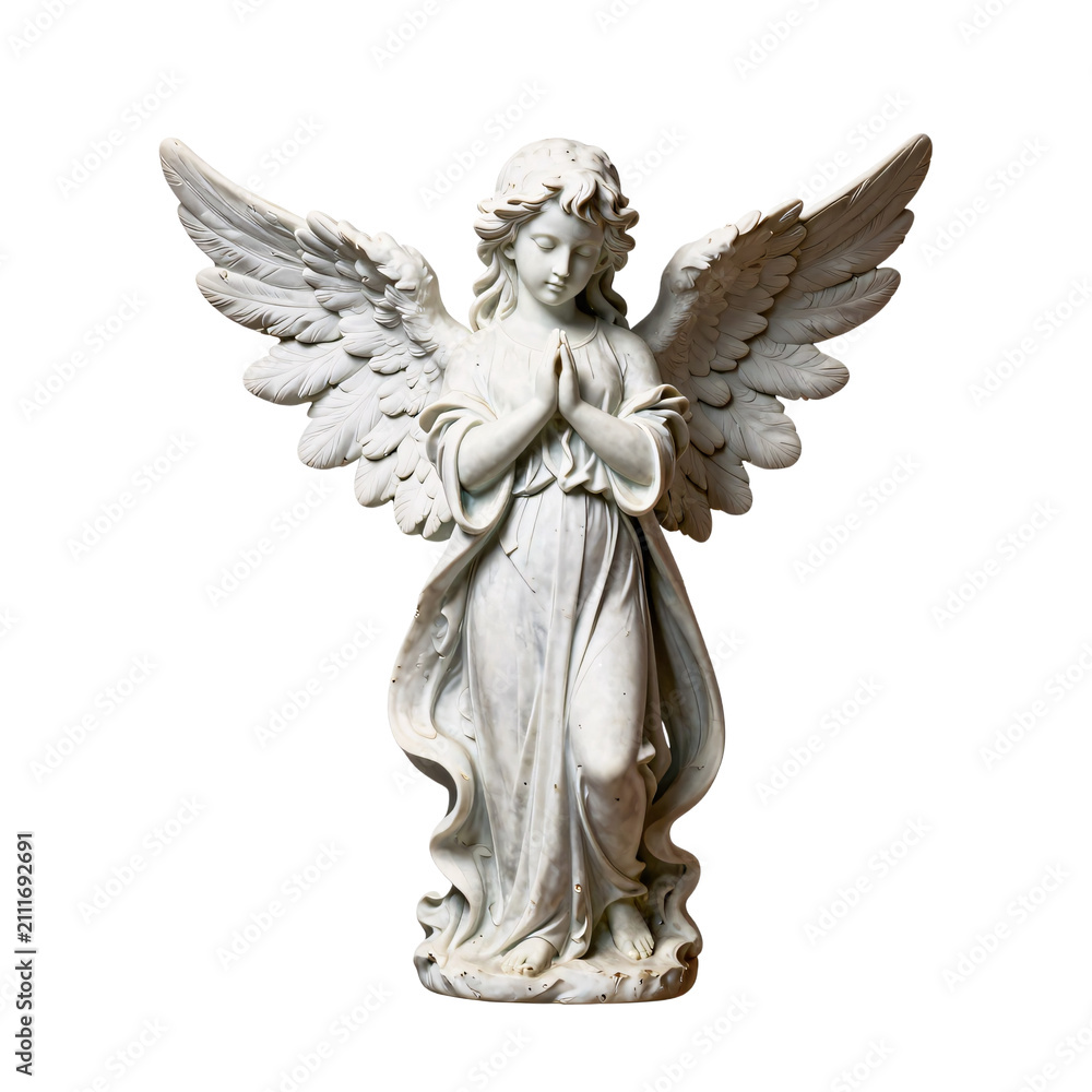 Fototapeta premium Praying angel with wings stands in front of a white background looking down