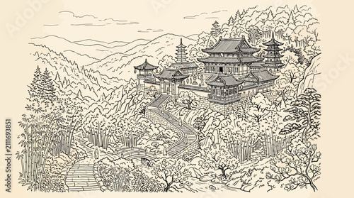 Bild auf Leinwand Hand-Drawn Illustration of Traditional Asian Temple Complex Nestled in Mountain