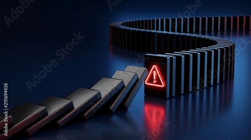 Domino Effect Chain Reaction with Warning Sign Symbol on Last Block