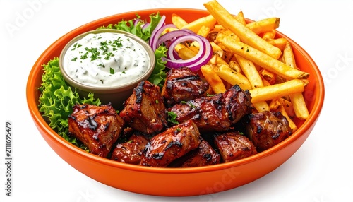 Juicy grilled meat cubes, golden fries, creamy dip, red onion, and fresh greens