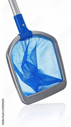 Blue mesh pool skimmer net with silver frame and blue handle