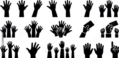Raised Human Hands Vector Icon Set Featuring Crowdfunded Ballot Cards Finger Pointing Volunteer Support Crowd Voting and Community Teamwork Symbols for Elections