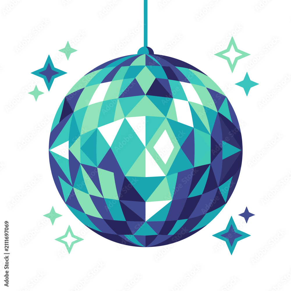 Obraz premium A stunning geometric disco ball design featuring shades of blue and green, surrounded by sparkling stars, creating a festive and energetic atmosphere perfect for celebrations.