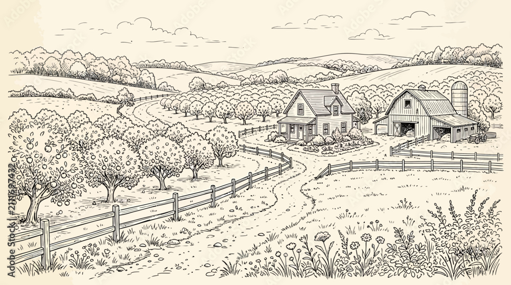 Fototapeta premium Detailed Hand-Drawn Countryside Farm Landscape featuring a Rustic House, Barn, and Orchard under a Clear Sky