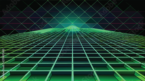 Obraz na płótnie Futuristic digital perspective grid with glowing green lines futuristic perspect