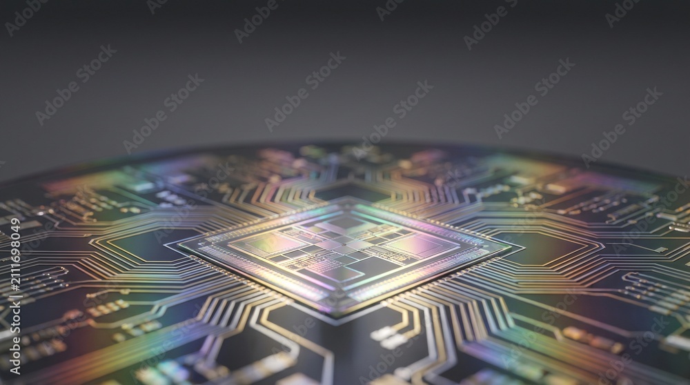 Fototapeta premium Computer processor chip on circuit board. Microchip hardware with iridescent light reflection.