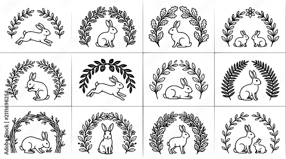 Fototapeta premium Cute Bunny Illustrations: Hand-Drawn Easter Wreaths and Arches with Rabbits