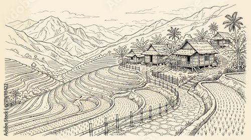 Hand-Drawn Ink Sketch of a Peaceful Rural Village with Terraced Rice Fields and Mountains in the Background