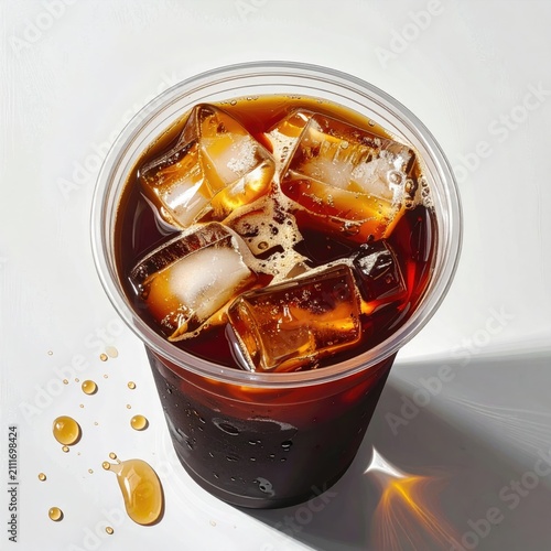 Refreshing iced coffee with ice cubes and splashes on a white background