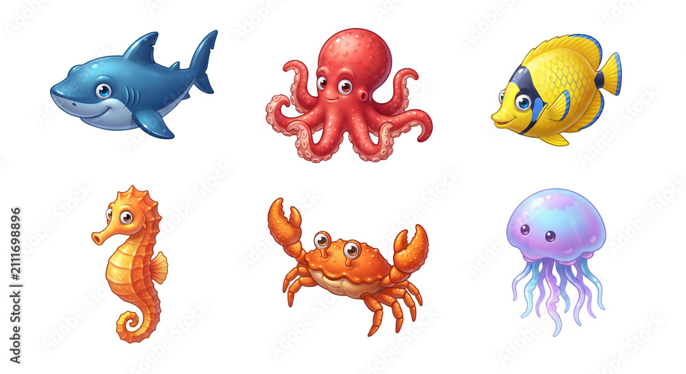 Naklejka premium Low Poly Sea Animals Set - Geometric Marine Life Collection with Whale, Dolphin, Shark, Turtle, Jellyfish and School of Fish on White Background