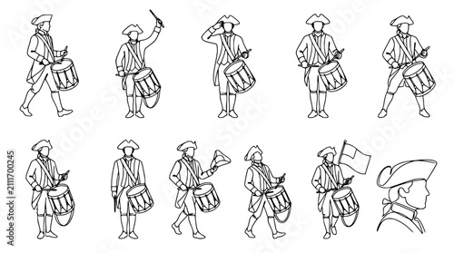 Foto Colonial Drummer Set: Historic Musician Poses, Line Art Vector Illustrations