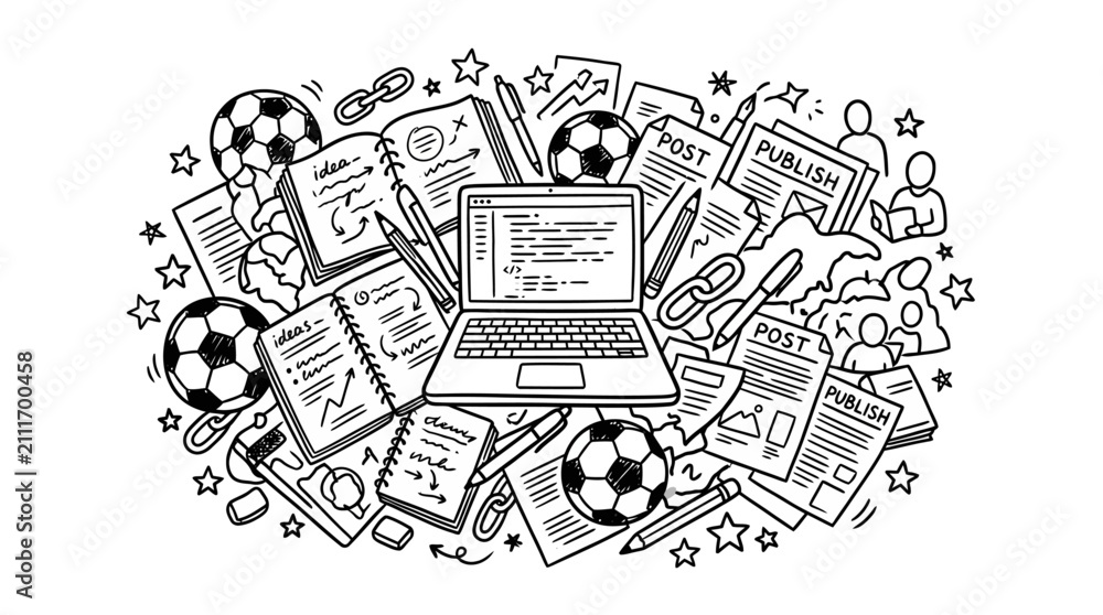 Obraz premium Creative Business Idea: Laptop, Notes, Soccer Balls, Publish Posts, People Icons