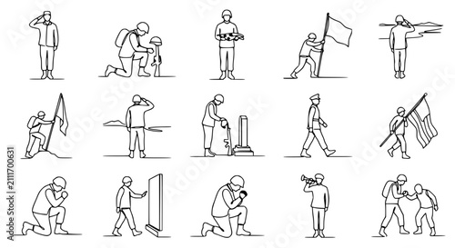 Принти на полотні Military Soldiers Line Art Icons: Saluting, Memorial, Flag Bearing, Marching