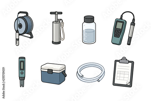 Groundwater Research Equipment Flat Icon Set Isolated on White Background.