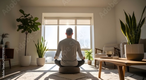 Man meditating at home in lotus position sitting on the floor