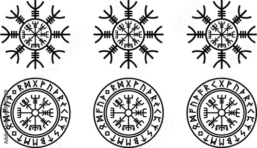 Vegvisir icelandic compass stave set featuring magical norse runic navigation symbols inside protective viking script circle borders