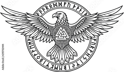 Quadro su tela Viking eagle emblem featuring valknut symbol and runic circle ring in bold black