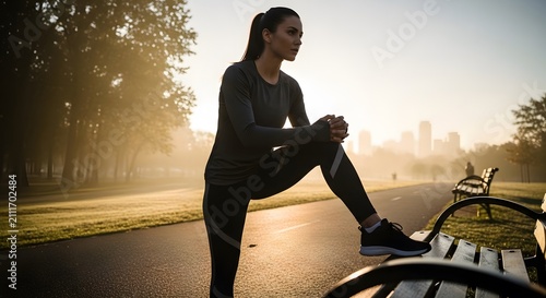 Young woman warming up before jogging in the city at sunrise.