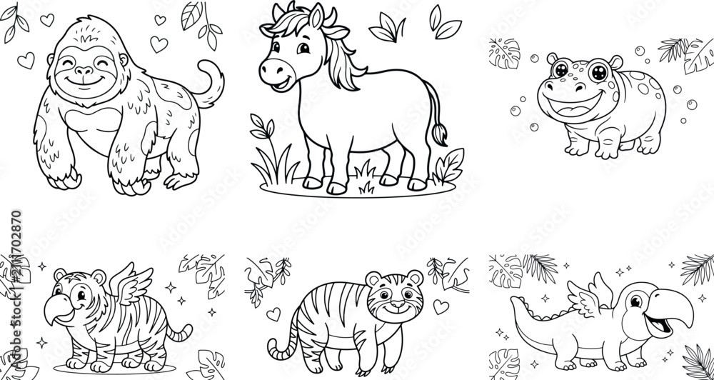 Obraz premium Adorable black and white coloring book illustrations of cute sea animals and fantasy creatures
