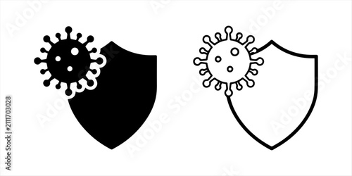 Quadro su tela Cybersecurity vector icon featuring a bug or malware symbol behind a protective shield, representing antivirus protection, digital security, and system safety in a minimalist line art style